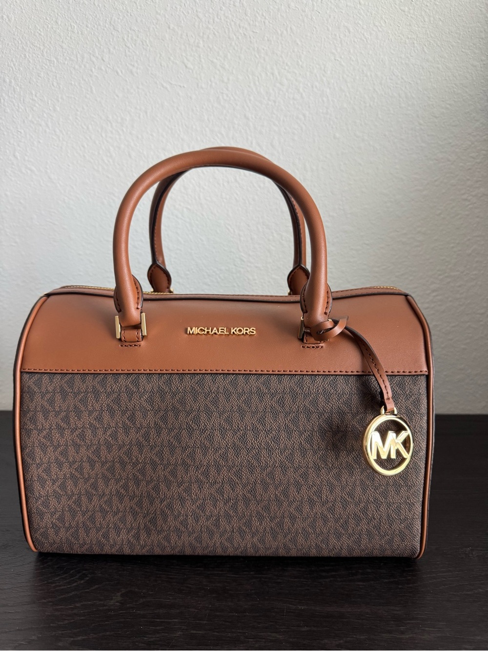 Michael Kors Brown/Tan Signature Dome Satchel with Gold Logo Charm - NEW